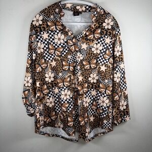 Rebel Raven Womens Tunic Blouse Top Size Small Brown Floral V-Neck Roll‎ Sleeve